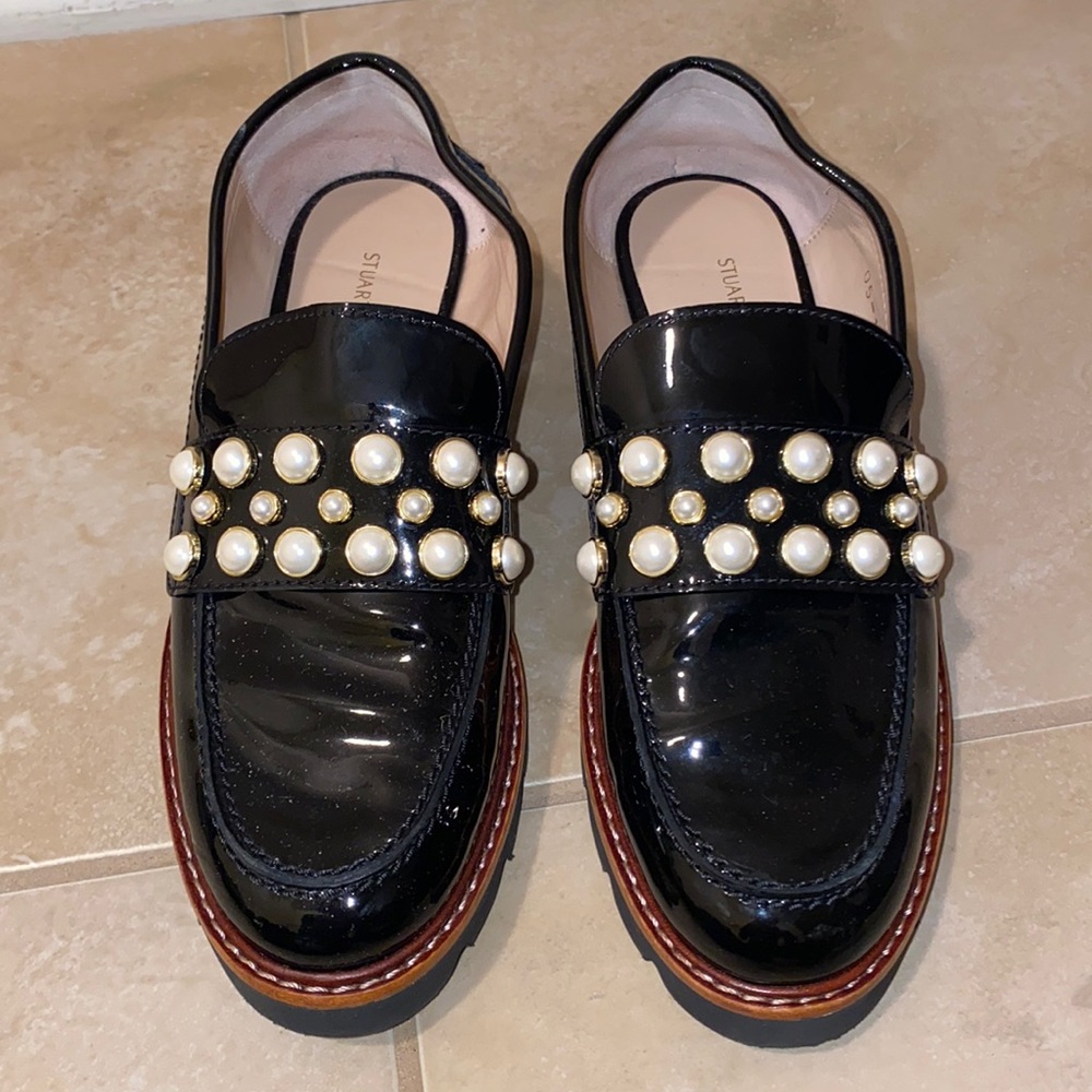Stuart Weitzman patent leather pearl loafers